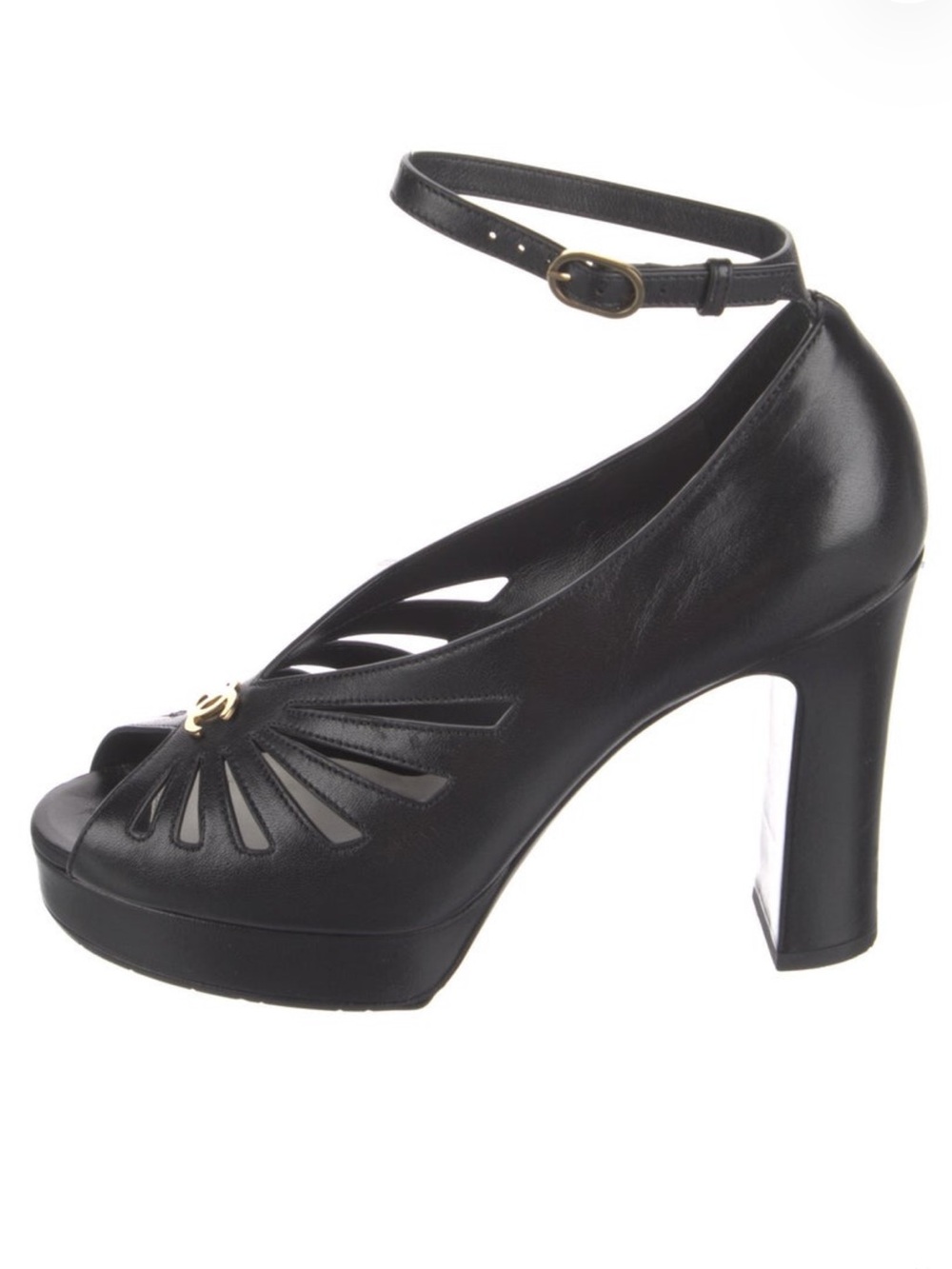 CHANEL Black Leather Cutout Peep-Toe Ankle-Strap Platform Heels